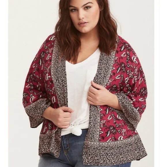 Torrid top 00/0 Border Print Cropped Kimono open front cardigan floral paisley - Picture 14 of 15